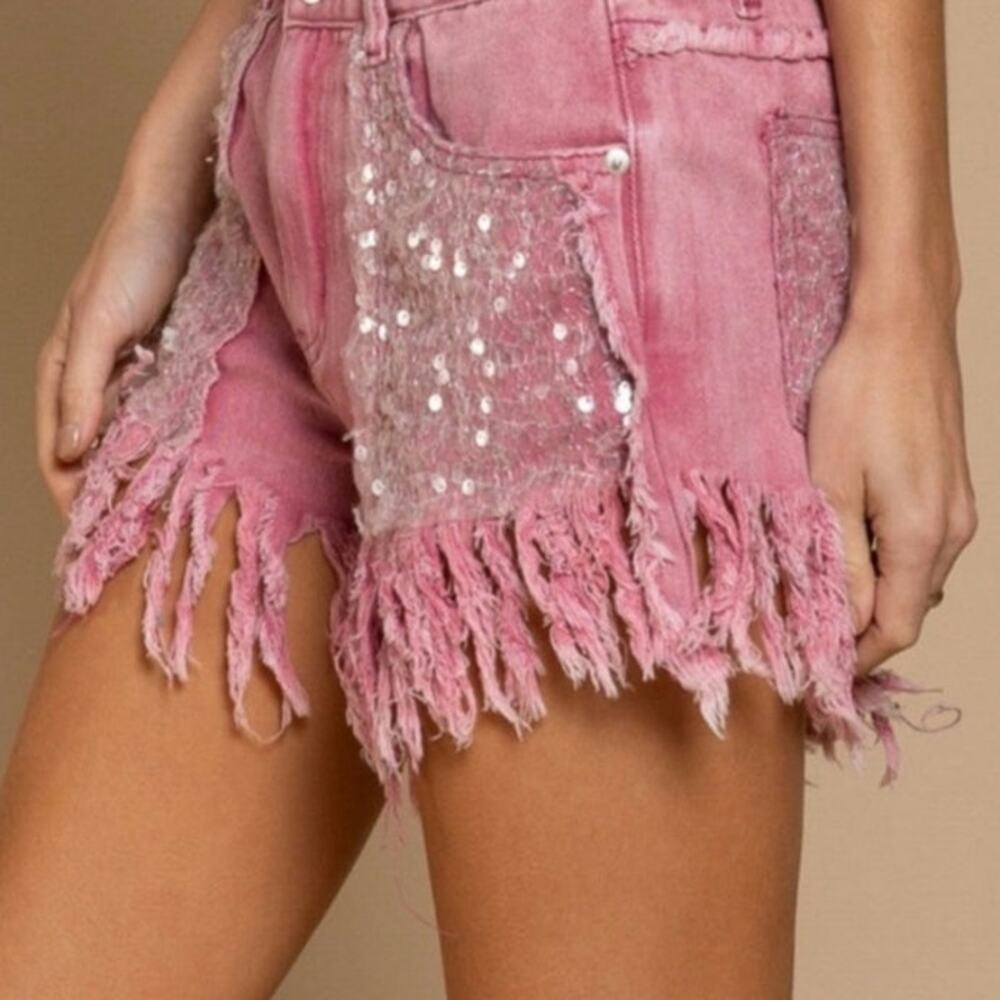 POL EUC Bling Fringe Sequin Denim Shorts Large Barbie Pink